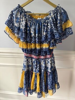 Misa Los Angeles Luella Mini Dres in Yellow Blue Tile Print Combo M Medium